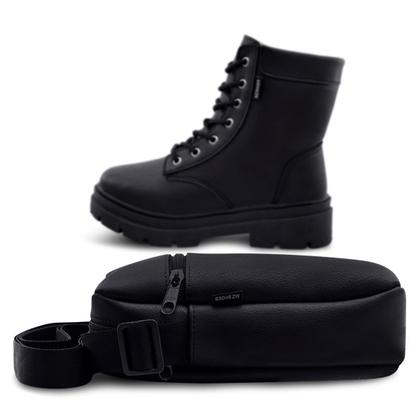 Imagem de Kit Bota Coturno Feminina Tratorada Menina Com Bolsa Super Conforto Preta Gatatuya