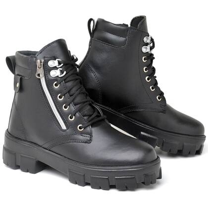 Imagem de Kit Bota Feminina Coturno Feminino Zíper Lateral Tratorado Cano Curto Casual Preto Moda + Relogio