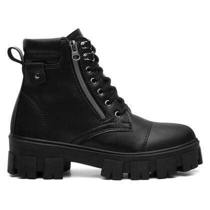 Imagem de Kit Bota Feminina Coturno Feminino Zíper Lateral Tratorado Cano Curto Casual Preto Moda + Relogio