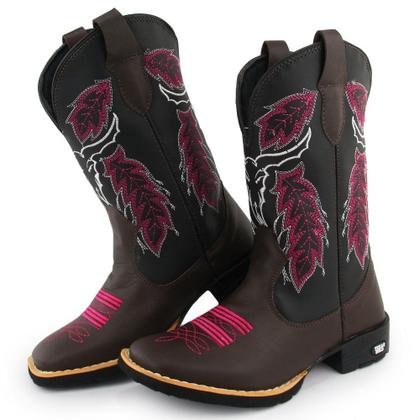 Imagem de Kit Bota Texana Feminina Couro Country Bico Quadrado Café Cara de Boi com Cinto