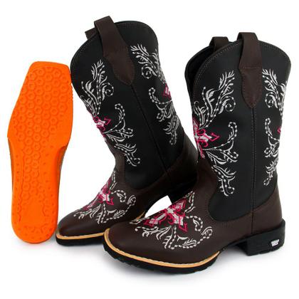 Imagem de Kit Bota Texana Feminina Couro Country Bico Quadrado Café Rosa com Cinto 10000