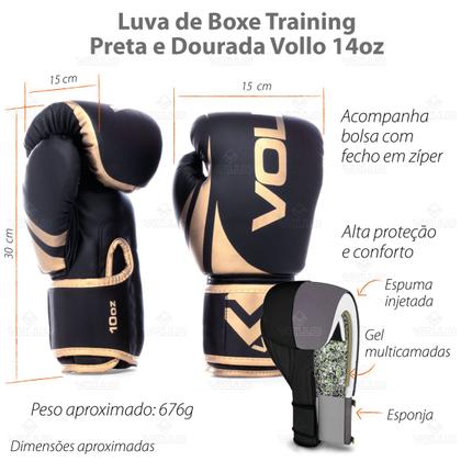 Imagem de Kit Boxe Vollo Luva 14oz Dourada + Bandagem 3M Rosa MuayThai