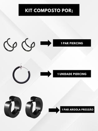 Imagem de Kit Brinco Argola Pressão Preto 3 Piercing Helix Encaixe