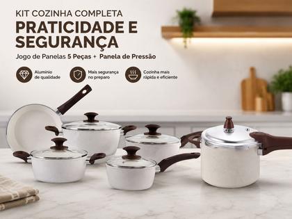 Imagem de Kit Brinox Panela de Pressão 4,2L + Jogo de Panelas 5 Peças Vanilla com Revestimento Cerâmico e Indução