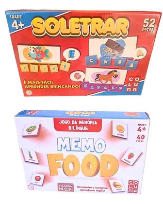 Imagem de Kit Brinquedo Didatico Infantil Soletrar Alfabetização E Jogo Da Memoria Memo Food Bilingue Coluna Brinquedos