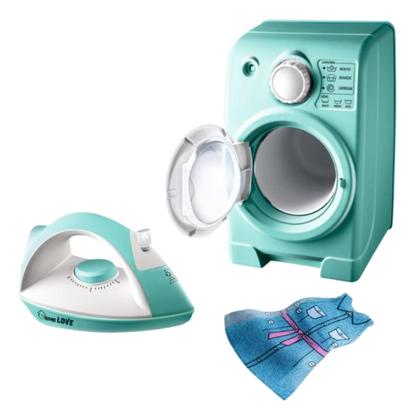 Imagem de Kit Brinquedo Infantil Lavanderia Ferro de Passar Máquina de Lavar Roupinha Crianças Casa Imaginação