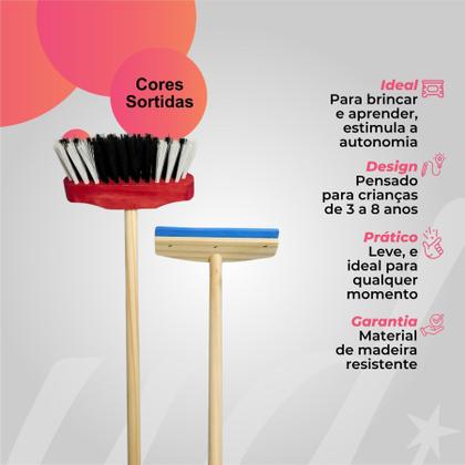 Imagem de Kit brinquedo infantil vassoura e rodo com cabo de madeira