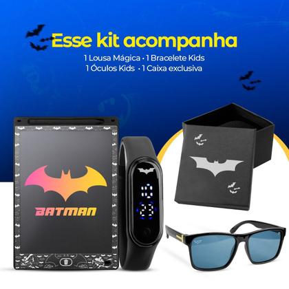 Imagem de Kit Brinquedo Menino Lousa Magica LCD, Relógio Digital Infantil Bracelete, Óculos UV e Caneta Touch Desenho Herói Morcego com Caixa Presente Criança