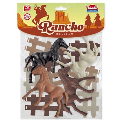 Imagem de Kit Brinquedo Miniatura Cavalo Cavalinho c/ Cercas Fazenda Rancho Western Faz de Contas 24 Pçs