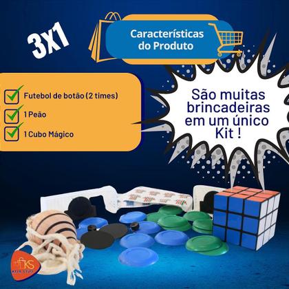Imagem de Kit Brinquedos 3x1 - Pião, Cubo e jogo de botões