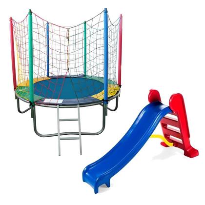 Imagem de Kit Brinquedos Playground Cama Elástica Pequena Pula Pula Trampolim 1,83m + Escorregador Infantil Médio 3 Degraus