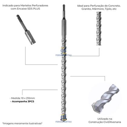 Imagem de Kit Broca SDS Plus 3 unidades 10mm x 210mm Hessen