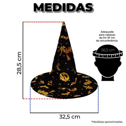 Imagem de Kit Bruxa Halloween com Chapéu Preto e Vassoura Decorada pra Fantasia Infantil Menina