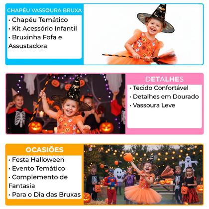 Imagem de Kit Bruxa Halloween com Chapéu Preto e Vassoura Decorada pra Fantasia Infantil Menina