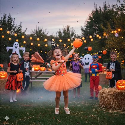Imagem de Kit Bruxa Halloween com Chapéu Preto e Vassoura Decorada pra Fantasia Infantil Menina