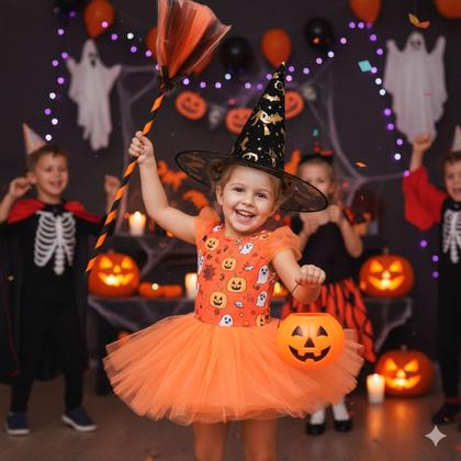 Imagem de Kit Bruxa Halloween com Chapéu Preto e Vassoura Decorada pra Fantasia Infantil Menina