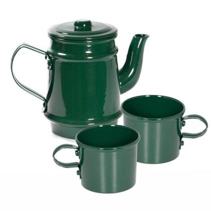 Imagem de Kit Bule 400ml + 2 Xícaras 100ml Pintados Em Alumínio Verde Escuro