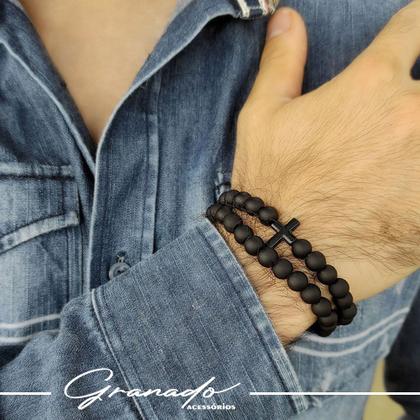 Imagem de Kit C/02 Pulseiras de Bolinha Masculina  Cruz Crucifixo Preto Fosco All Black
