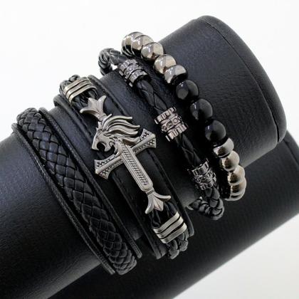 Imagem de KIT C/04 Pulseiras de Couro Ajustável Masculina Leão Grafite