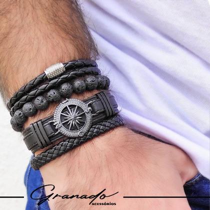 Imagem de KIT C/04 Pulseiras de Couro Masculina Bússola Grafite Pedras Vulcânicas