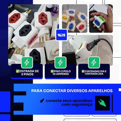 Imagem de Kit C/10 Adaptador Tomada Benjamin CUBO Entradas 10A/20A Pino Maciço Resistente 4 Tomadas Universal