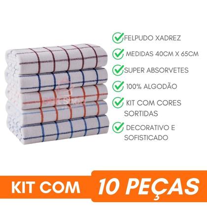 Imagem de Kit C/10 Pano De Prato Atoalhado Cozinha Felpudo Xadrez Seca Louça Reforçado