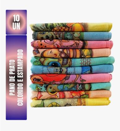Imagem de Kit C/ 10 Pano De Prato Colorido Estampado Neves 100% Algodão