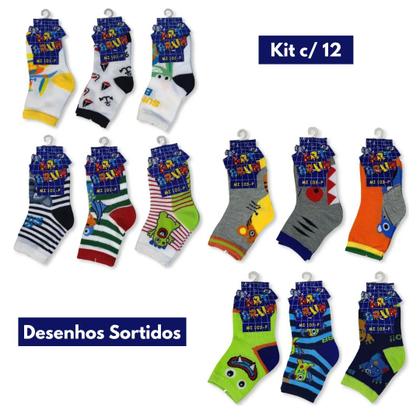 Imagem de Kit c/ 12 Meias Infantis para Menino Desenhos Sortidos Artbrun