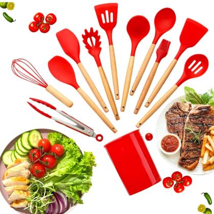 Imagem de Kit c/ 12 peças utensílios de silicone com cabo de madeira