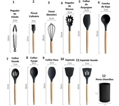 Imagem de Kit c/ 12 peças utensílios de silicone com cabo de madeira