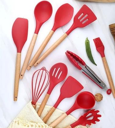Imagem de Kit c/ 12 peças utensílios de silicone com cabo de madeira