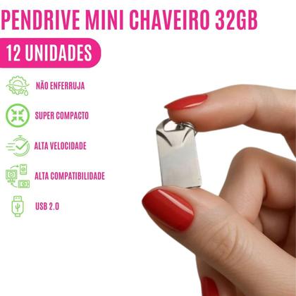 Imagem de Kit c/ 12 Pendrives Mini 32GB USB 2.0 Alumínio p/ Backup Transporte de Arquivos Portabilidade Compacto PC Armazenamento