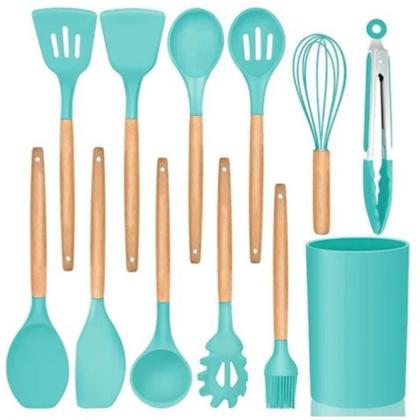 Imagem de Kit C/12 Utensílios De Cozinha Silicone Cabo Madeira