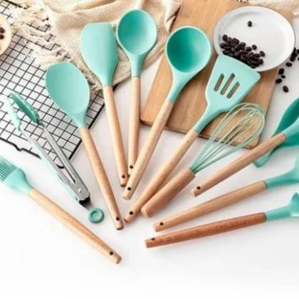 Imagem de Kit C/12 Utensílios De Cozinha Silicone Cabo Madeira