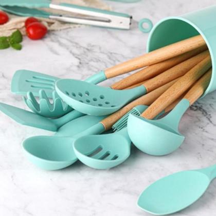 Imagem de Kit C/12 Utensílios De Cozinha Silicone Cabo Madeira