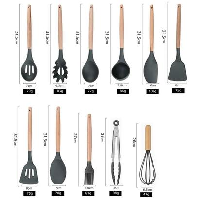 Imagem de Kit C/12 Utensílios De Cozinha Silicone Cabo Madeira