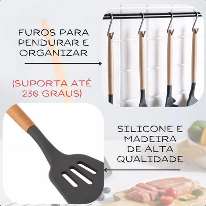 Imagem de Kit C/12 Utensílios De Cozinha Silicone Cabo Madeira