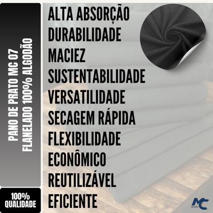 Imagem de Kit c/ 15 Pano De Prato Flanelado Mc 07 - Preto Liso - Alvejado - 41x70cm - 100% Algodão - 70 Gramas
