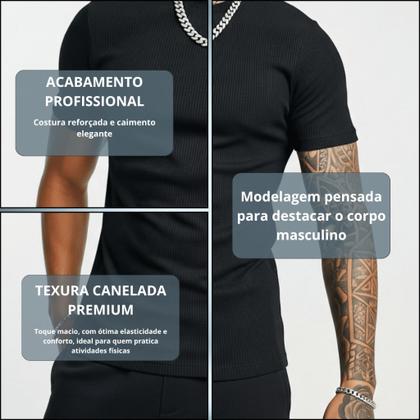 Imagem de Kit c/2 Camiseta Canelada Masculina Slim Fit Estilo Americano - Camisa Masculina Caimento Justo ao C