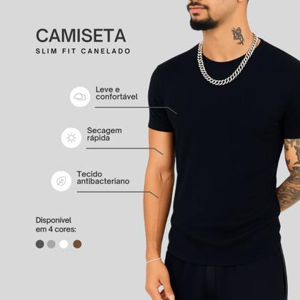 Imagem de Kit c/2 Camiseta Canelada Masculina Slim Fit Estilo Americano - Camisa Masculina Caimento Justo ao C