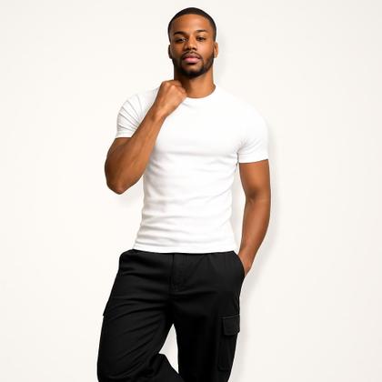 Imagem de Kit c/2 Camiseta Canelada Masculina Slim Fit Estilo Americano - Camisa Masculina Caimento Justo ao C