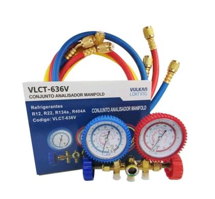 Imagem de Kit c/2 manifolds vulkan p/r12 r22 r404 c/mangueira 90 cm c/visor