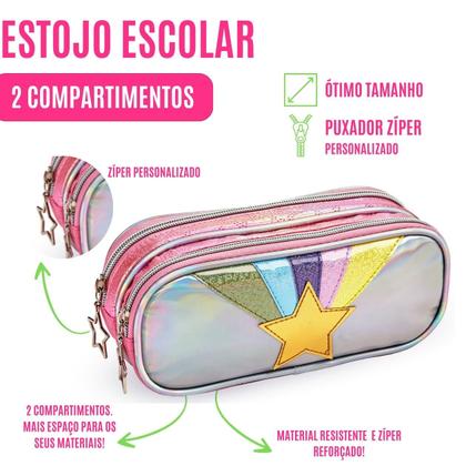 Imagem de Kit C/ 2 Peças Lancheira Térmica + Estojo Escolar Material Aulas Passeio Viagem Criança Infantil Menina Resistente Personagem Colorido Compartimentos