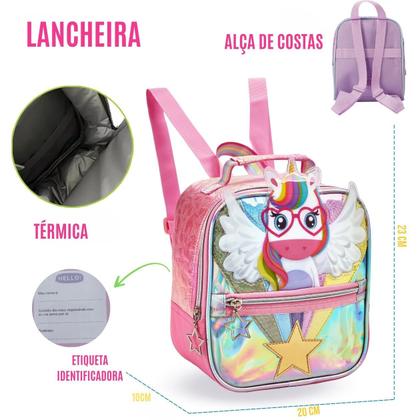 Imagem de Kit C/ 2 Peças Lancheira Térmica + Estojo Escolar Material Aulas Passeio Viagem Criança Infantil Menina Resistente Personagem Colorido Compartimentos