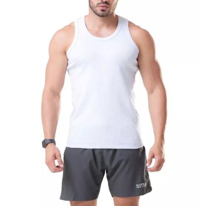 Imagem de Kit C/ 2 Regata Canelada Premium Masculina Modelo Americano Ribana Algodão e Elastano