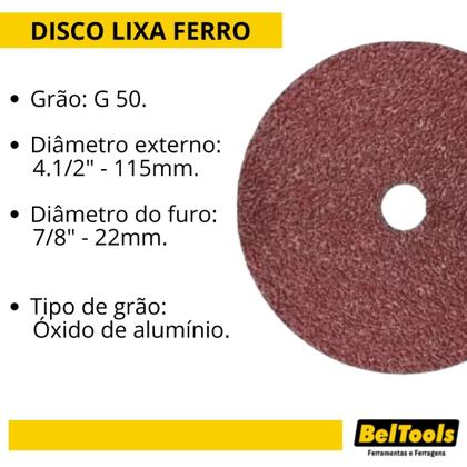 Imagem de Kit C/ 25 Disco Lixa Ferro 4.1/2x7/8 G50 Beltools