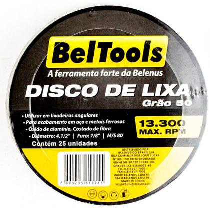 Imagem de Kit C/ 25 Disco Lixa Ferro 4.1/2x7/8 G50 Beltools