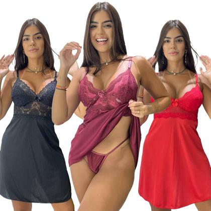 Imagem de Kit C/3 Camisola Sensual Sexy Com Calcinha Fio. Aproveite!