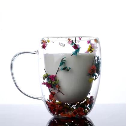 Imagem de Kit c/ 3 Caneca de Vidro Borossilicato Parede Dupla com Flores Secas 350ml