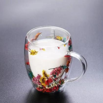 Imagem de Kit c/ 3 Caneca de Vidro Borossilicato Parede Dupla com Flores Secas 350ml